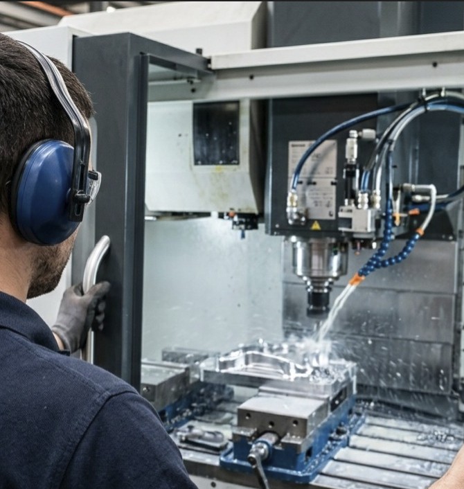 Arbeiter an Präzisionsmaschine
