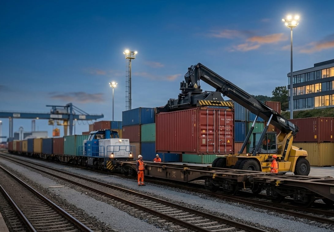 Container wird bei Güterbahnhof verladen