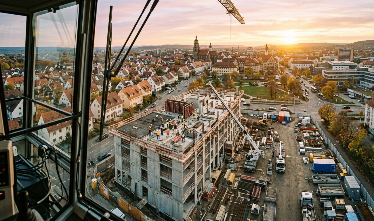 Blick auf eine Baustelle aus einem Baukran